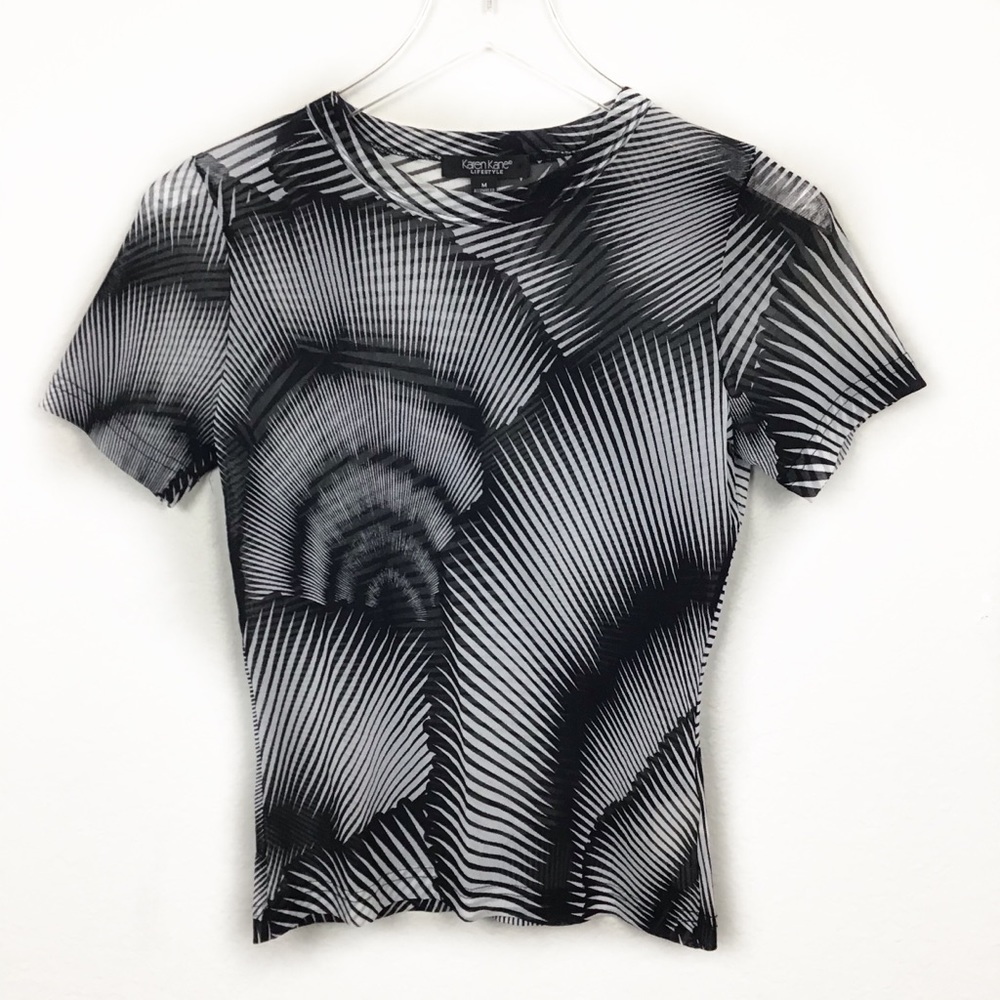 Black & White Graphic Stretch Sheer SS Top Size M